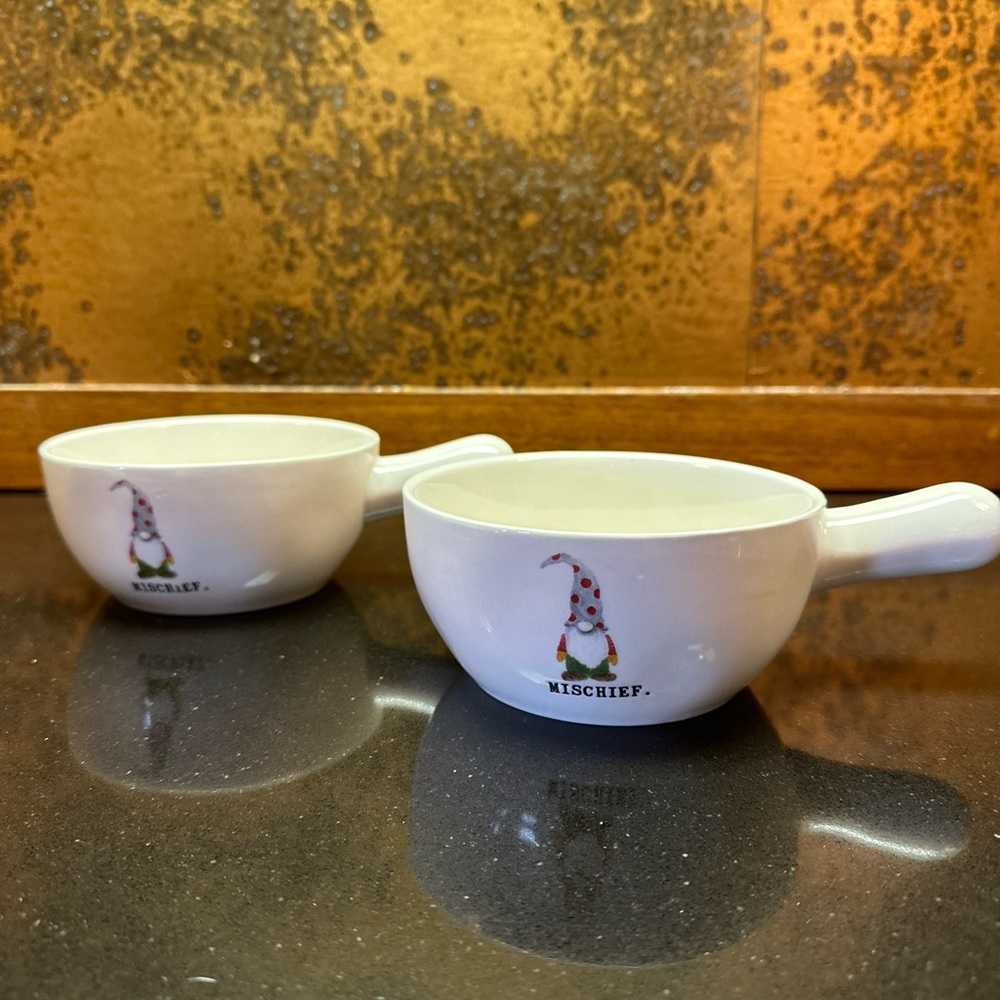 Rae Dunn MISCHIEF gnome soup bowls with handle. (2)